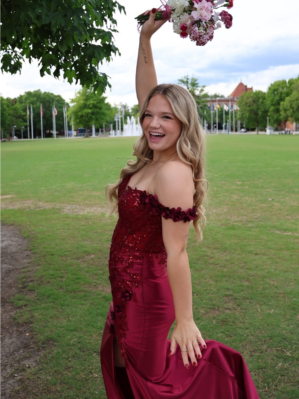 Off-Shoulder Burgundy Sequin Lace Prom Gown